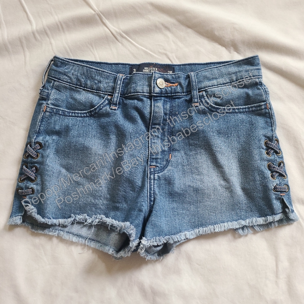 ❤️GUC Hollister Blue Lace Up Side High Rise Cutoffs Denim Jeans Short Shorts, 3